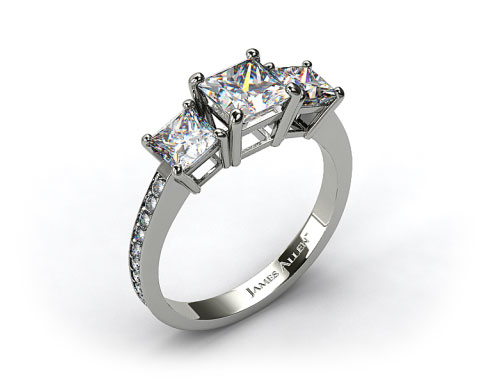 18k White Gold Three Stone Princess and Pave Set Diamond Engagement Ring